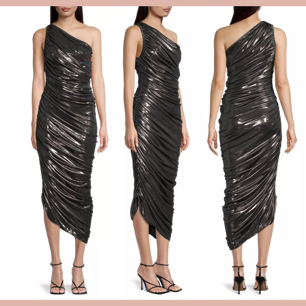 NWT $245 Norma Kamali [ XS ] Diana Metallic Ruched One Shoulder Gown Metal Q1042